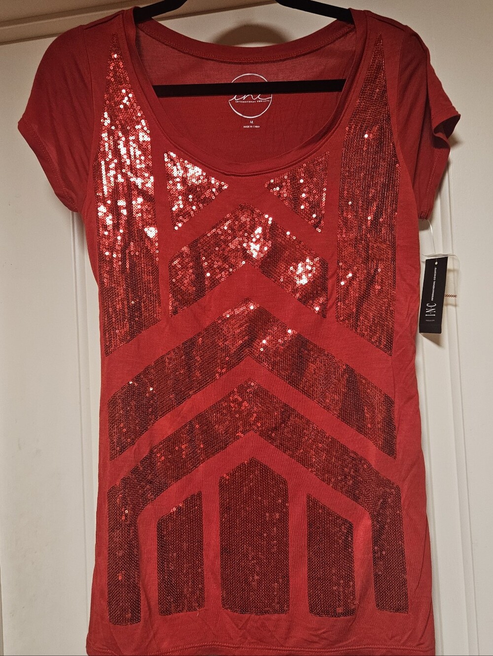 INC International Concepts Red Sequin Geometric Top NWT Medium Macy's 4th JULY